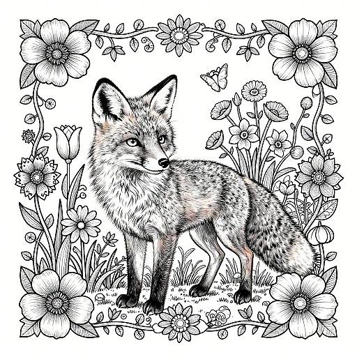 Detailed Fox Coloring Page with Floral Border