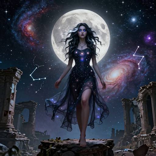 Digital artwork of a dark-haired woman in a starry, black dress, standing on ruins under a bright full moon, with a galaxy and constell