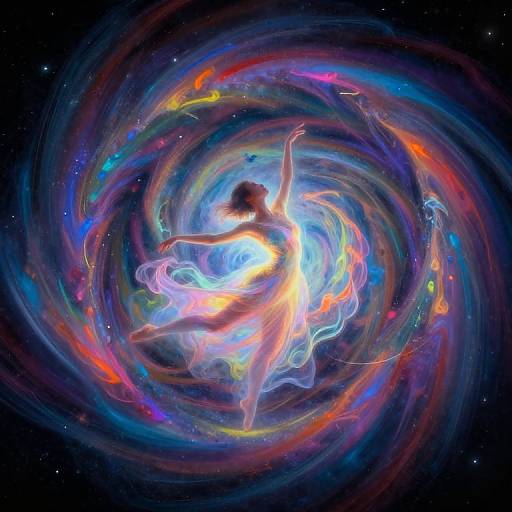 Digital artwork of a glowing, ethereal woman dancing in a swirling, colorful galaxy with vibrant, cosmic energy and starry background.