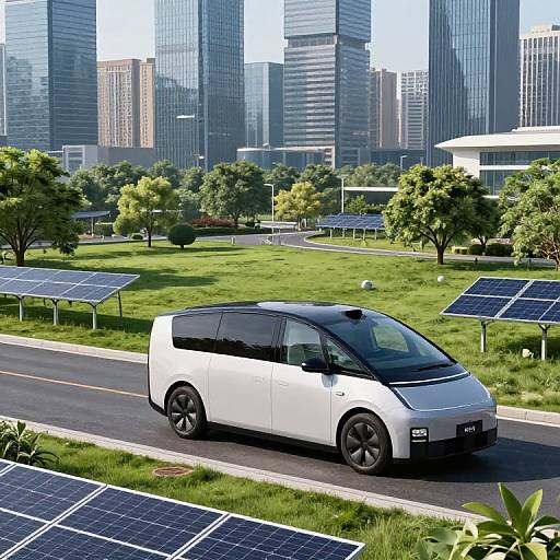 Photograph of a futuristic white electric minivan driving on a solar-powered road, surrounded by solar panels, green grass, and skyscrapers in the