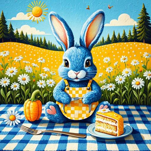 Whimsical Blue Rabbit with Carrot Cake in Meadow Whimsical Blue Rabbit with Carrot Cake in Meadow
