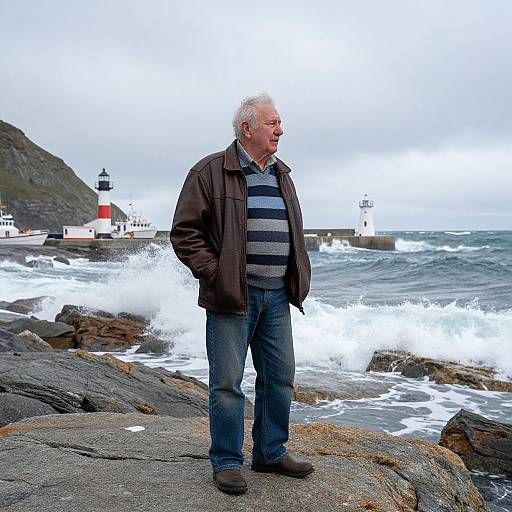 Photograph of an elderly white man with white hair, wearing a brown jacket, striped shirt, and jeans, standing on rocky coast by two lighth