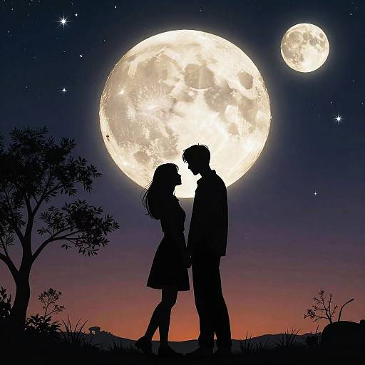 Silhouetted couple standing under a large, bright full moon and smaller moon in a starry night sky, with trees on either side.