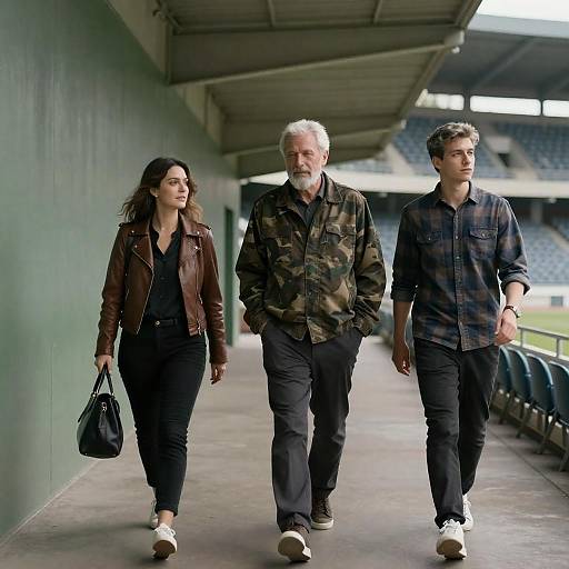 Three People Walking in Stadium Corridor