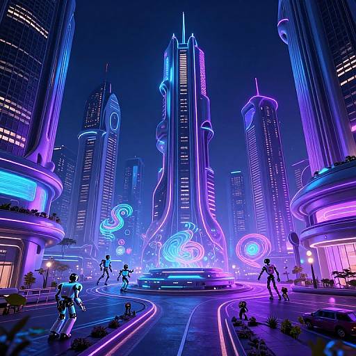 Neon-lit futuristic cityscape at night, featuring glowing skyscrapers, floating holograms, and silhouetted figures running in a curved