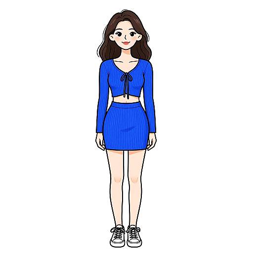 Digital drawing of a smiling woman with long brown hair, wearing a blue crop top and matching mini skirt, white sneakers, standing against a white background.