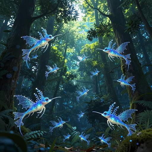 Magical Forest with Glowing Blue Seadragons
