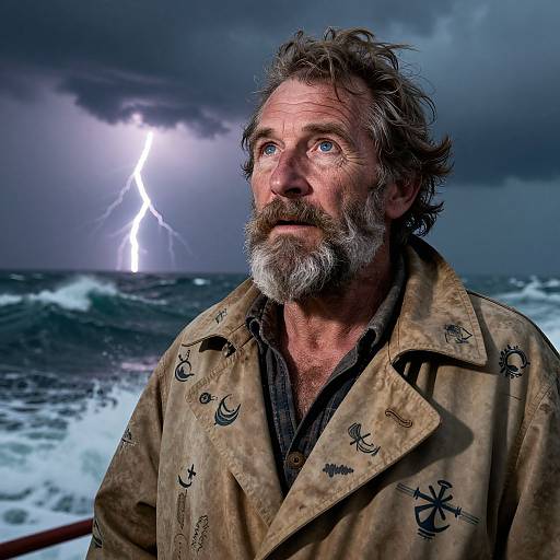 Photograph of a weathered, bearded man with grey hair, wearing a sea-worn, anchor-embroidered coat, gazing at
