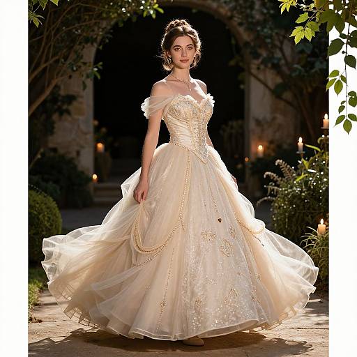 Photograph of a fair-skinned woman in an off-shoulder, ivory, lace-embellished wedding gown, standing in a dimly