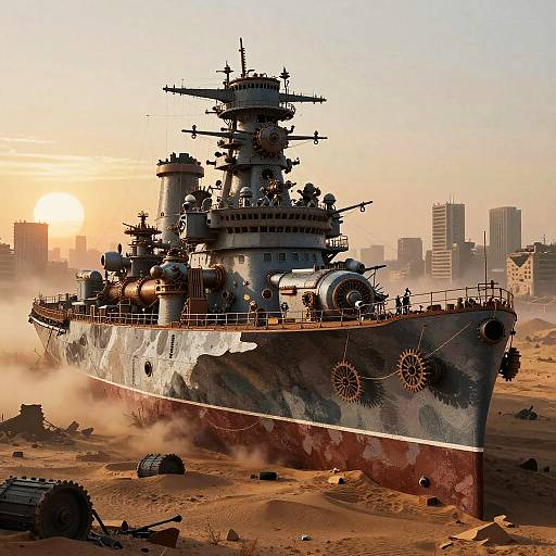 Photorealistic CGI of a battered, smoke-covered warship with sunlit cityscape backdrop, surrounded by desert ruins and scattered debris.
