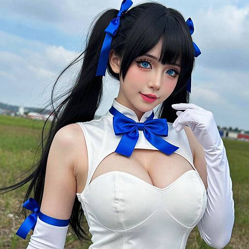 Photograph of an Asian woman with long black hair in pigtails, wearing a white, cleavage-revealing costume with blue bows and gloves
