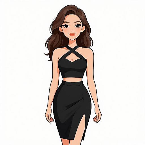 Digital anime-style drawing of a smiling woman with long brown hair, wearing a black halter-neck crop top and high-waisted skirt with a side