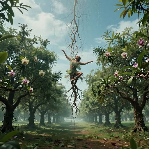 Digital art of a nude, vine-like humanoid with long roots, suspended by vines in a lush, sunlit orchard with blooming flowers.