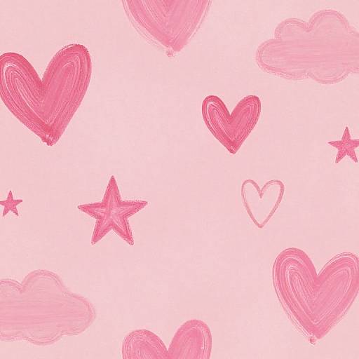Digital drawing of pink hearts, clouds, and stars on white background. Heart and cloud shapes are sketch-like with textured lines. Stars are five-pointed