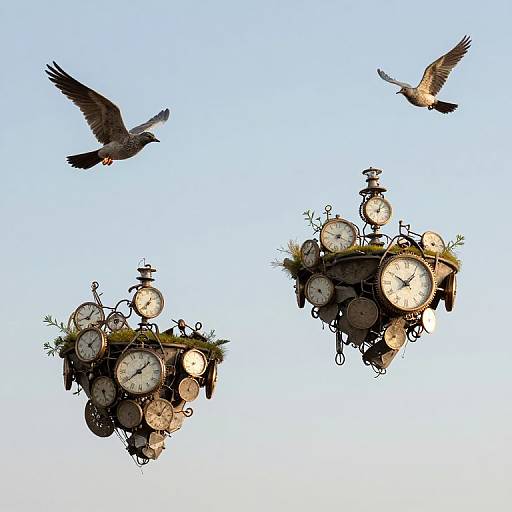 Photograph of two floating clock clusters with clocks, surrounded by grass, against a clear blue sky, with two crows flying above.