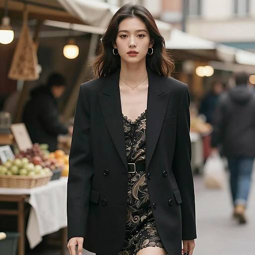 Stylish Woman in Black Blazer at Market