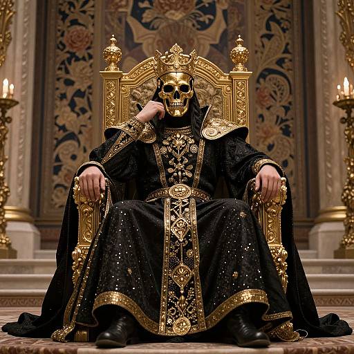 Photograph of a skeletal figure in ornate black and gold royal robes, seated on a lavish gold throne, hand touching skull, opulent floral-pattern