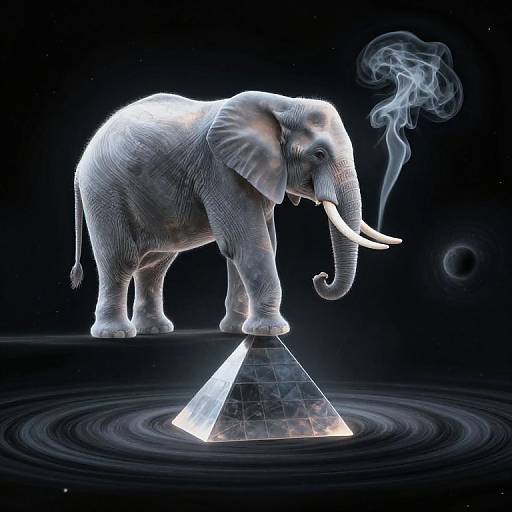 Digital artwork of a glowing white elephant smoking, standing on a triangular glass pyramid with ripples in a black, starry space.