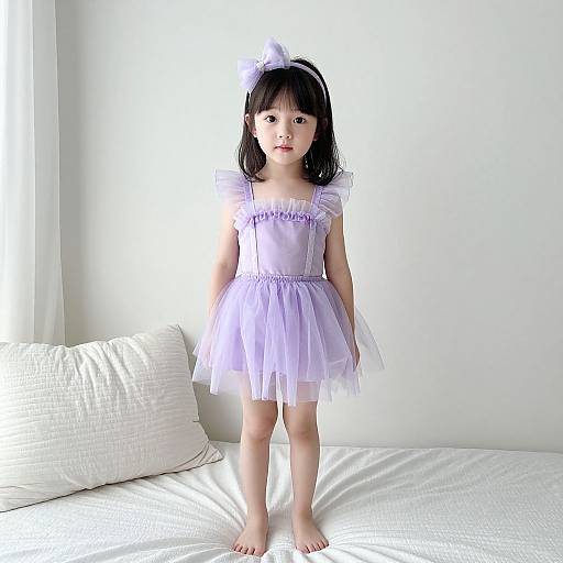 Toddler in Lavagirl Costume on Bed