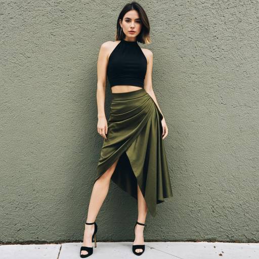 Woman in Black Halter Crop Top and Olive Green Skirt