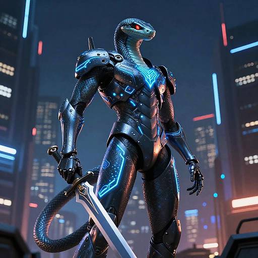 CGI image of a futuristic, armored lizard-humanoid with glowing blue lines, red eyes, holding a sword, standing in a neon-lit city
