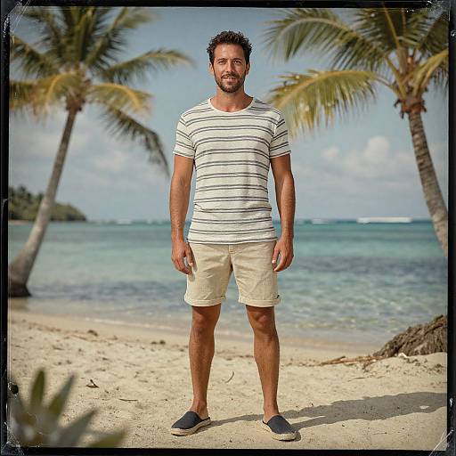 Photograph of a bearded, dark-haired man in a striped shirt and beige shorts, standing on a tropical beach with palm trees and clear blue ocean