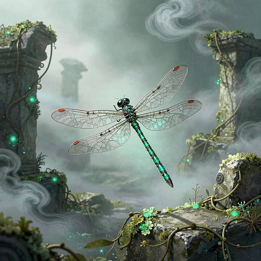 Ethereal Wireframe Dragonfly in Ruins