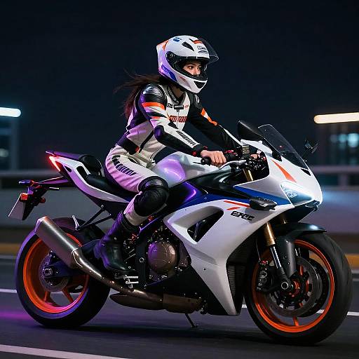Nighttime photograph of a motorcyclist in white racing gear and helmet, riding a white Ducati sports bike with red wheels. Blurred city lights