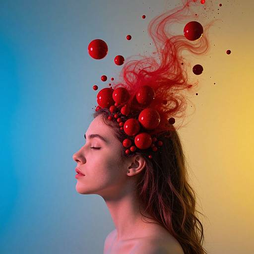 Photograph of a serene, fair-skinned woman with closed eyes, red floating spheres and wisps on her head, set against a gradient blue-yellow