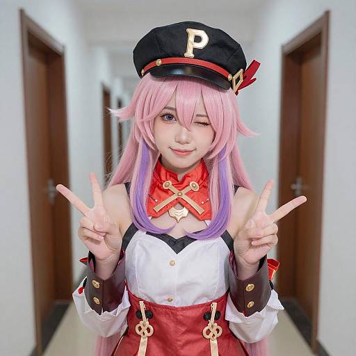 Cosplay Girl Winking with Peace Signs