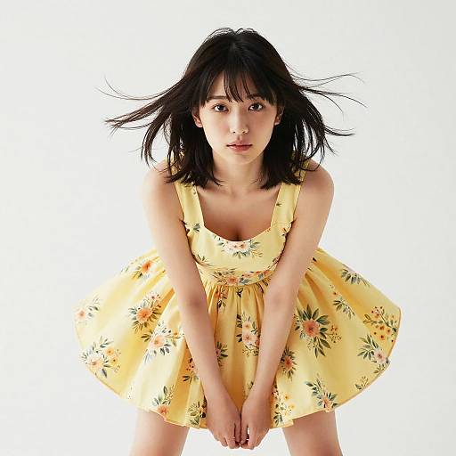 Photograph of an Asian woman with black hair, wearing a yellow floral dress, leaning forward against a white background.