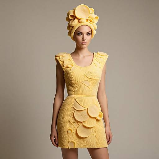 Photograph of a slender woman in a vibrant yellow dress with layered, circular flower-like embellishments, and a matching headpiece, standing against a plain