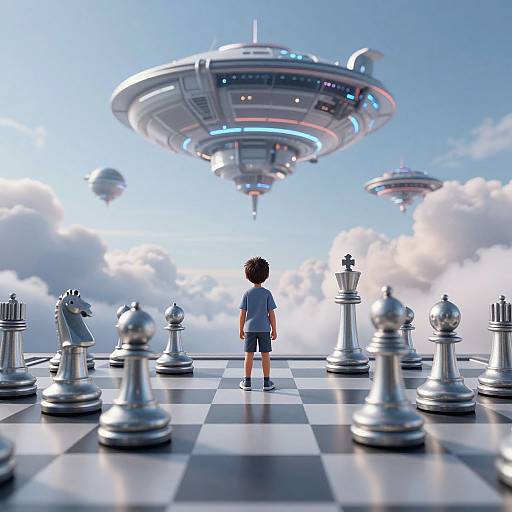Photograph of a child in a blue shirt and shorts, standing on a chessboard, facing futuristic floating spaceships in a bright, cloudy sky.