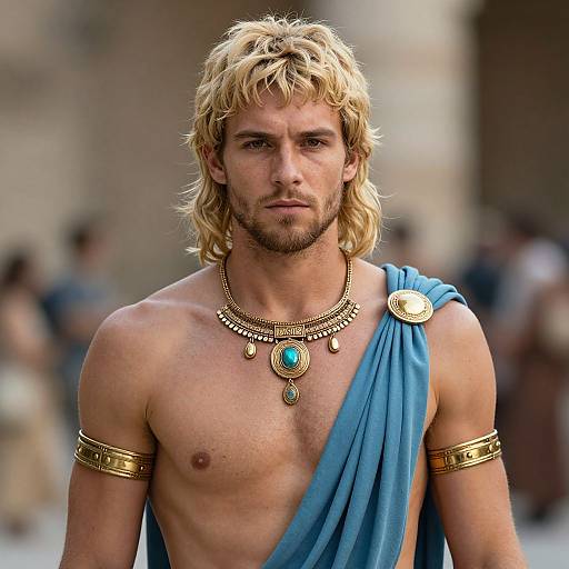 Photograph of a blonde, blue-eyed, bearded man with wavy hair, wearing a blue toga, gold armlets, and a turquoise