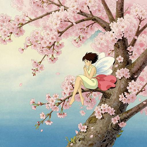 Digital anime-style illustration of a fairy with black hair, white wings, and a red skirt, sitting on a cherry blossom tree branch.