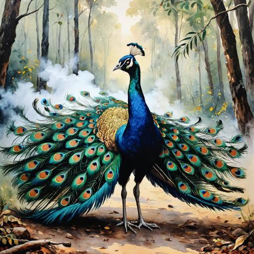Watercolor Painting of Dancing Peacock in Indian Forest