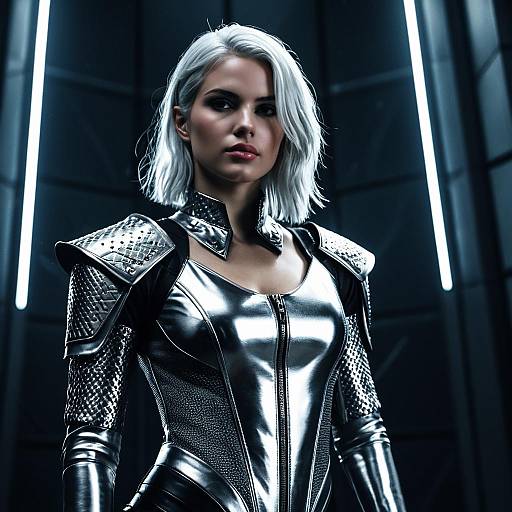 Futuristic Female Warrior in Silver Bodysuit