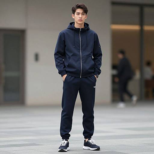 Photograph of a young Asian man with short, dark hair, standing confidently in an urban setting. He wears a black hoodie, pants, and sneakers