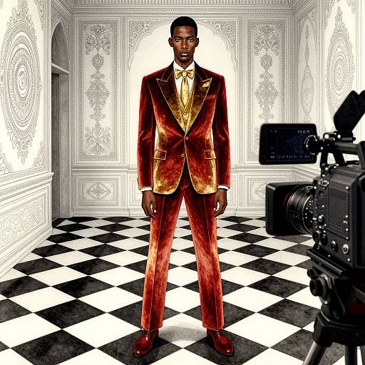 Photorealistic digital image: Black man in red velvet suit with gold accents, standing on black-and-white checkered floor, ornate white-walled