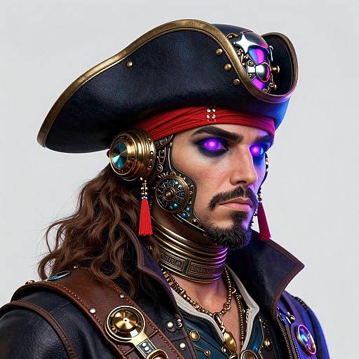 Photorealistic digital artwork of a brooding pirate with glowing purple eyes, black tricorn hat, red bandana, intricate metal headgear, and