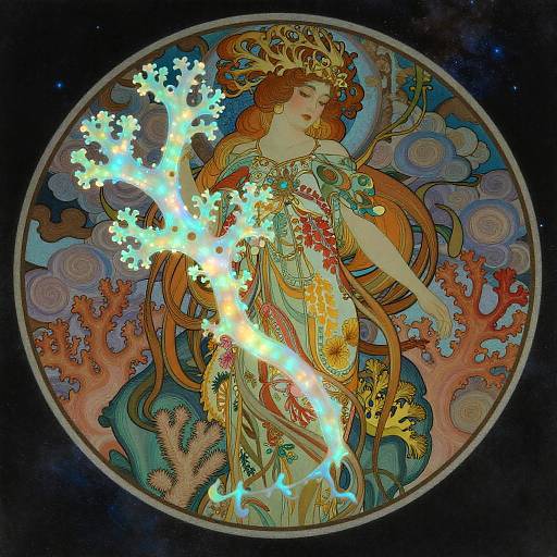 Art Nouveau-style digital illustration of a red-haired, ethereal woman in ornate, glowing dress, surrounded by coral, waves, and vibrant,