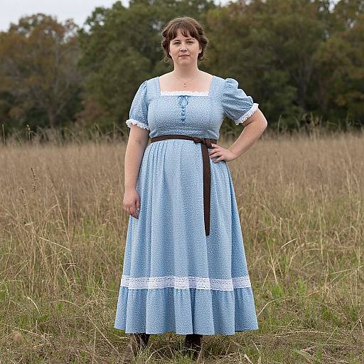 Photograph of a white woman with short brown hair, wearing a blue polka-dot dress with white lace trim, standing in a grassy field with