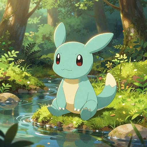 Digital illustration of a cute, blue, cartoonish turtle-like Pokémon, sitting by a sunlit forest stream with ripples, surrounded by lush greenery