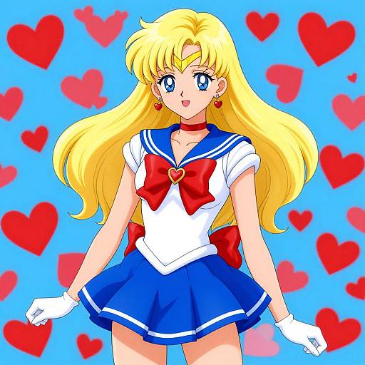 Digital anime drawing of Sailor Moon with long blonde hair, blue eyes, white sailor uniform, red bow, blue skirt, white gloves, and red heart