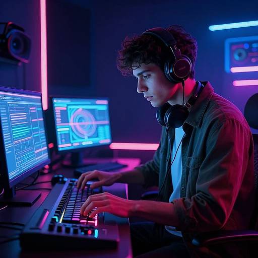 Photograph of a young, curly-haired male DJ in a dimly lit room, wearing headphones and a green shirt, focused on two glowing blue computer