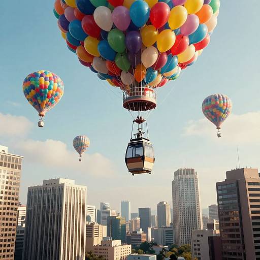 Photograph of colorful hot air balloons with a gondola, floating over a city skyline with tall buildings, clear blue sky, and two smaller balloons