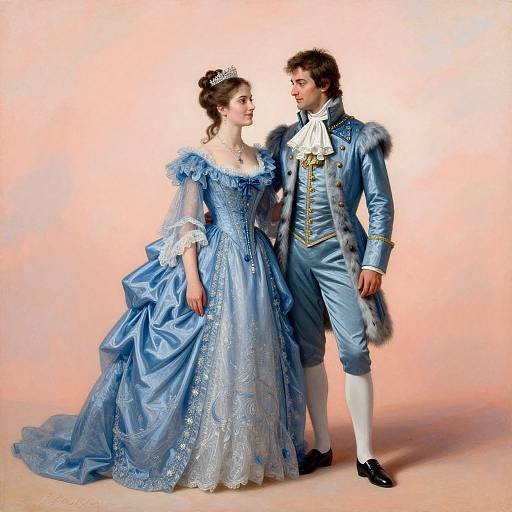 Photograph of a Victorian-era couple in blue satin and silk royal attire, with intricate lace, white stockings, and fur, standing close against a soft