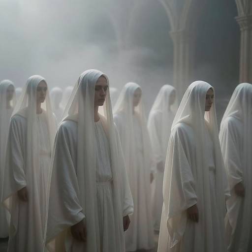 Photograph of ethereal, ghostly women in white robes and veils, standing in a misty, arched cathedral, creating a mysterious,
