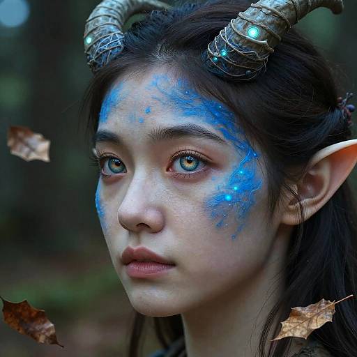 Digital artwork of a young woman with glowing blue face paint, pointed elf ears, silver horns, and blue-green eyes, surrounded by falling leaves in a
