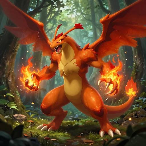 Digital illustration of a muscular, orange Charizard with fiery wings and hands in a dense, sunlit forest, roaring fiercely.